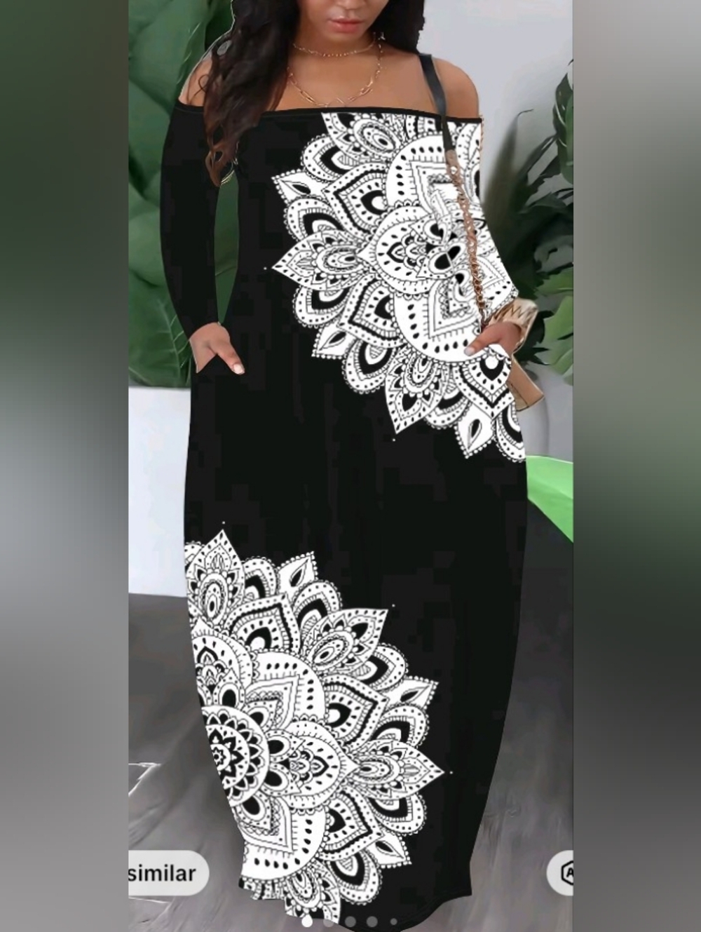 Black Off-Shoulder Maxi Dress with White Mandala Print